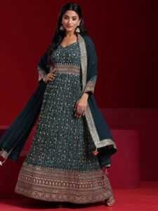 Teal Blue Printed Georgette A-Line Kurti