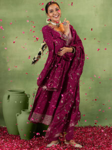 Maroon Embroidered Silk Blend Anarkali