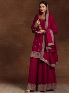 Pink Embroidered Silk Blend Straight Suite
