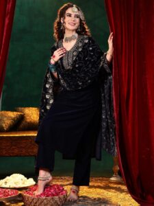 Blue Yoke Design Velvet Straight Suit With Bottom