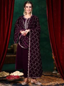 Burgundy Yoke Design Velvet Straight Suite