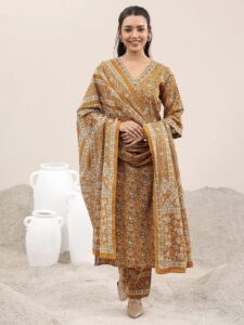 Mustard Printed Cotton Straight Suit With Bottom