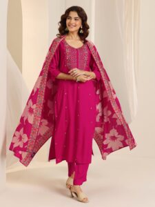 Pink Embroidered Viscose Rayon Straight