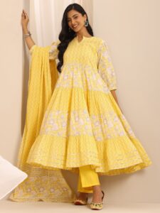 Yellow Printed Cotton Blend Anarkali Suite