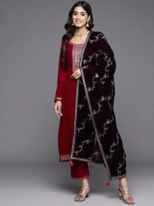 Pink Yoke Design Velvet Straight Suit With Bottom