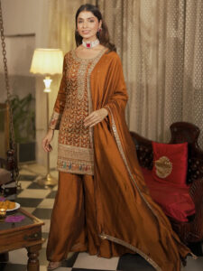 Adaa Rust Embroidered Silk Blend Straight