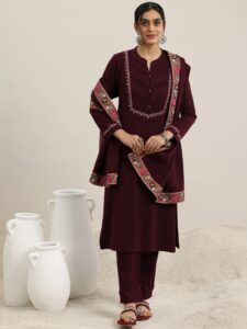 Maroon Yoke Design Wool Blend Straight