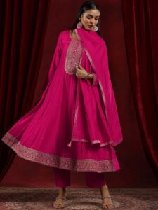 Libas Art Pink Embroidered Silk Blend A-Line