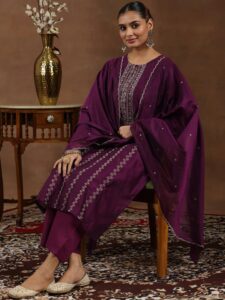 Wine Embroidered Chanderi Silk Straight