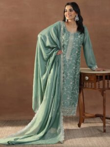 Green Embroidered Silk Blend Straight Suite