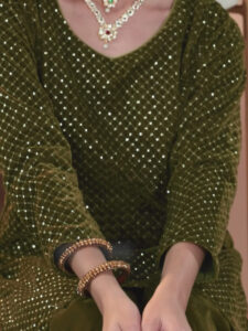 Green Embroidered Velvet Straight Suit