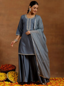 Grey Yoke Design Silk Blend Straight Suite